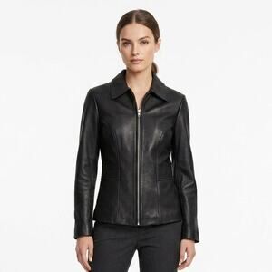 Vintage Express Black Fitted Biker Jacket Womens 18 Black Leather Full Zip Lined